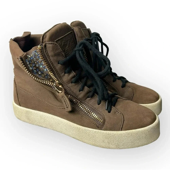 Giuseppe Zanotti  Brown Leather Donna Hi-Top Swarovski Crystal Sneakers 37 - Picture 1 of 13